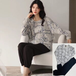 Grey Bear Printed Ladies Sleepwear – Comfortable Night Dress with Shirt & Trouser Set