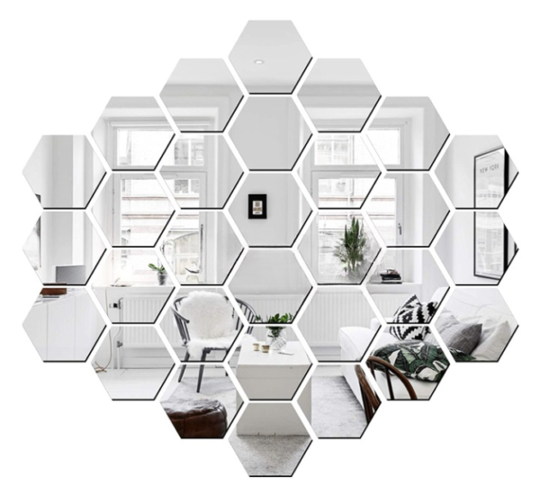 Pack of 30 Silver Hexagon Acrylic Mirror Wall Stickers | Modern Home Décor