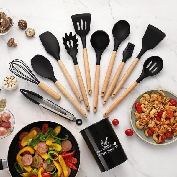 12 Pcs Set Wooden Handle Silicone Kitchen Utensils with Storage Bucket